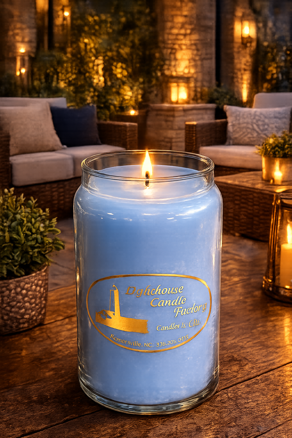 Luxury outdoor patio candle from The Lighthouse Candle Factory with blue wax in glass jar, softly glowing on a wooden table at night.
