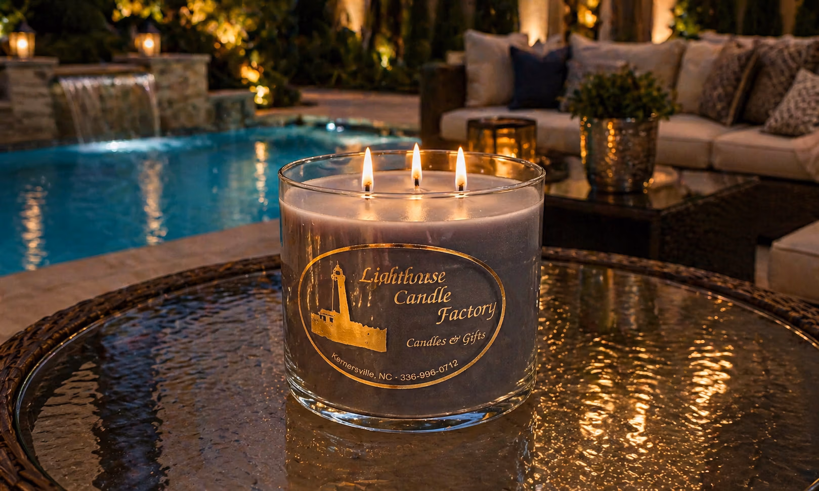Luxury three-wick candle from The Lighthouse Candle Factory on glass table by a swimming pool with outdoor patio furniture at night. The benefits of burning a candle outdoors.