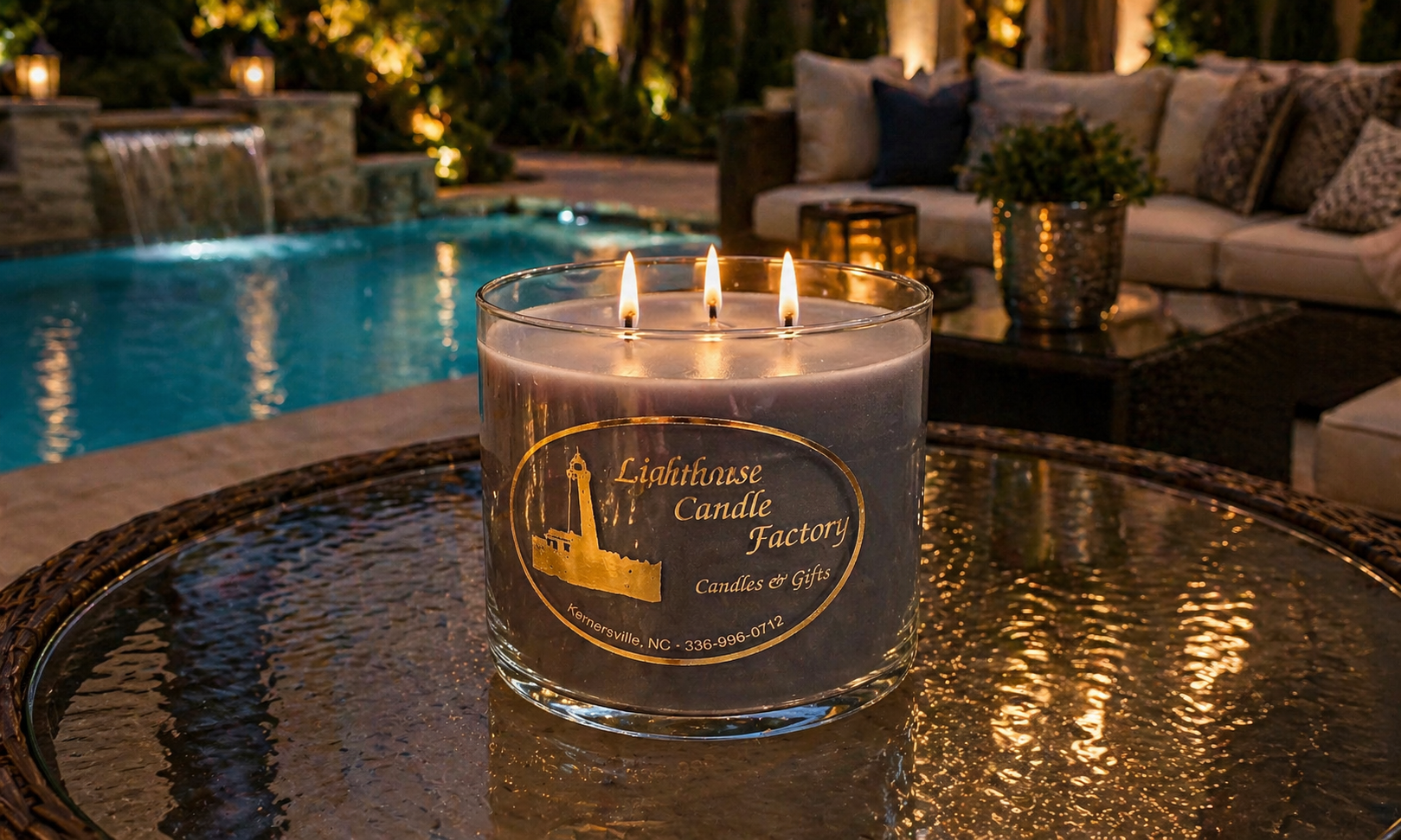 Luxury three-wick candle from The Lighthouse Candle Factory on glass table by swimming pool with outdoor patio furniture at night