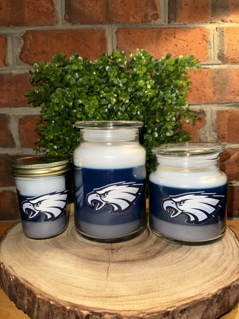 Group order of hand-poured custom candles in for East Forsyth High School, "The Fighting Eagle" candle, showcasing a successful non-profit fundraising candle program layout.