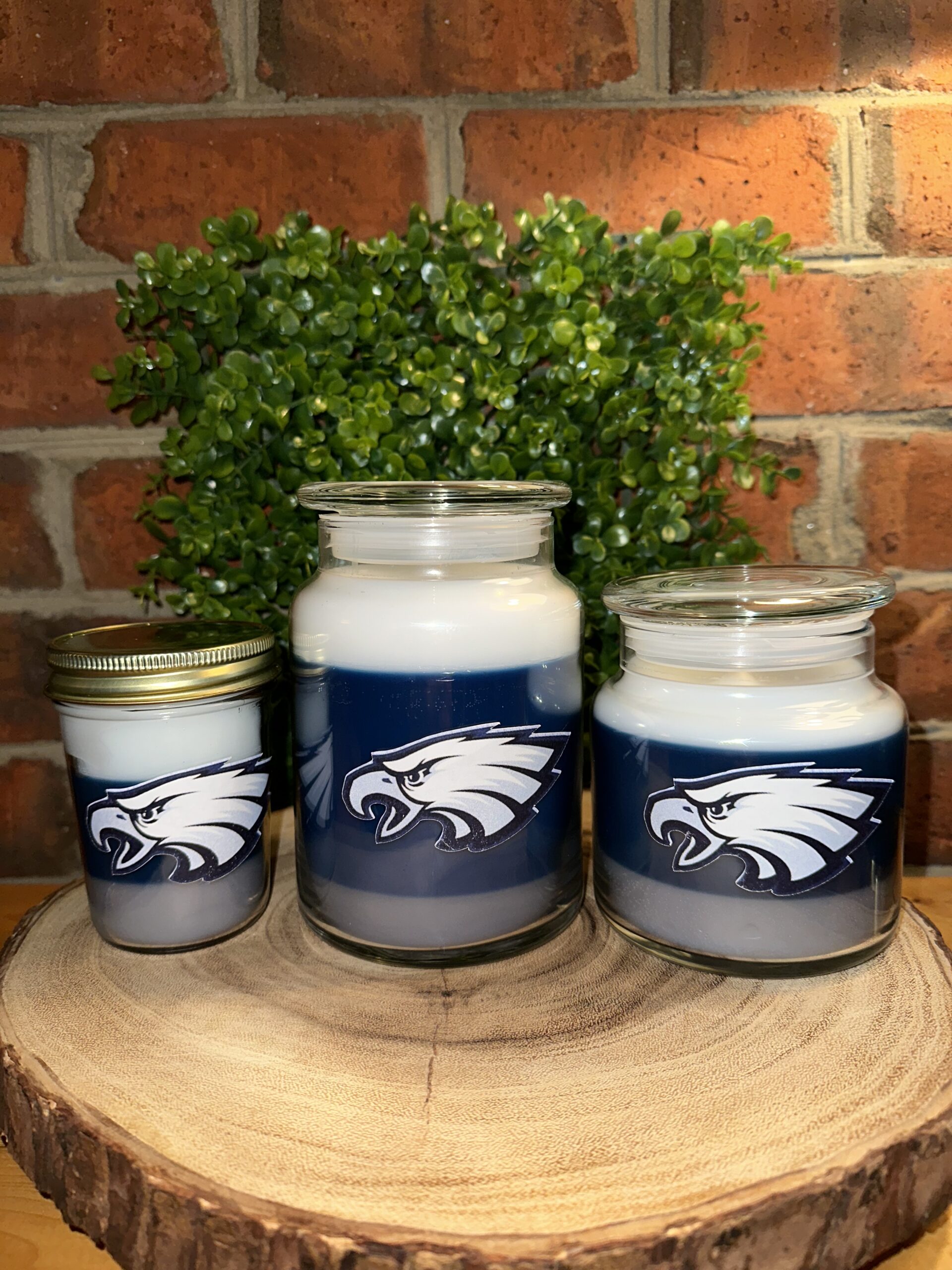 Group order of hand-poured custom candles in for East Forsyth High School, "The Fighting Eagle" candle, showcasing a successful non-profit fundraising candle program layout.