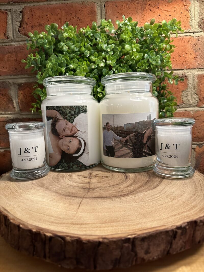 Small-batch personalized scented candles in elegant jars with custom labels, ideal for wedding favors and special event decor.