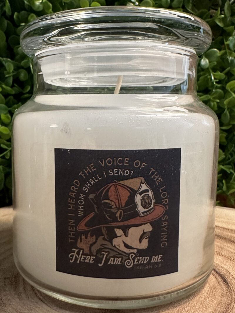 One of The Lighthouse Candle Factory's Custom Corporate Candle Gifts inside a clear glass jar with white wax featuring the L&A Emergency Equipment logo.