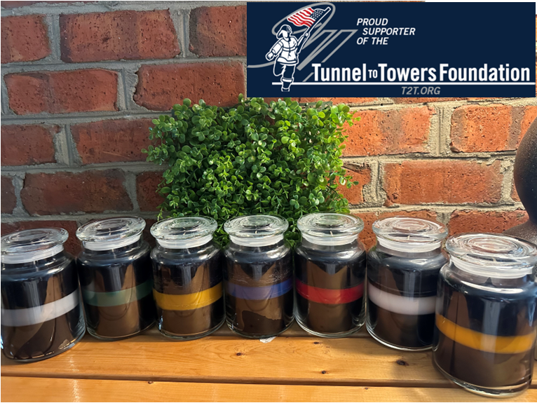 Charity candles, called the Thin Line Collection. created exclusively by The Lighthouse Candle Factory that supports the Tunnel to Towers Foundation.