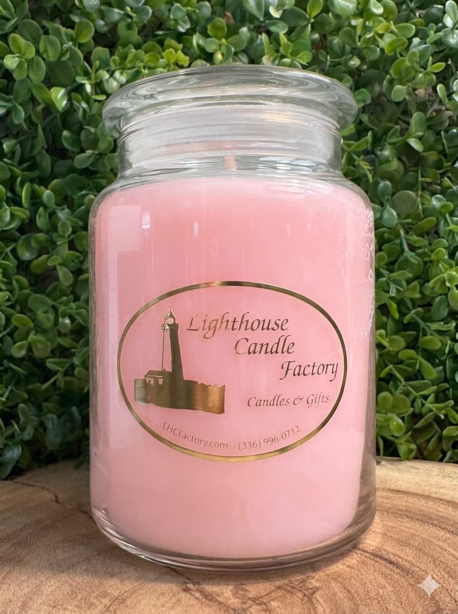 amaretto_delight_32_front Almond vanilla candle, Amaretto Delight, with pink wax in a clear glass jar