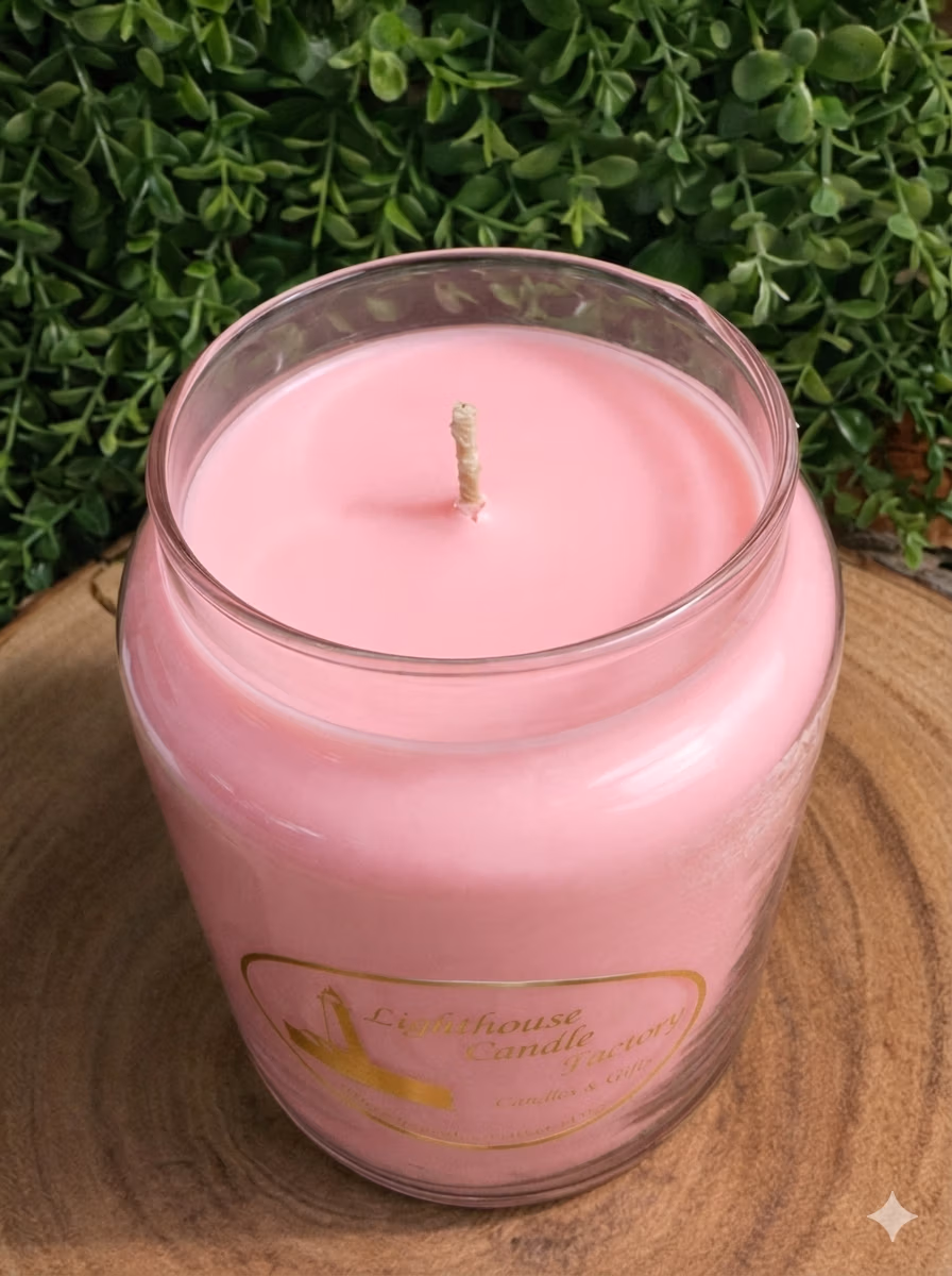amaretto_delight_32_top Almond vanilla candle, Amaretto Delight, viewed from above with pink wax and a single centered wick in a clear glass jar