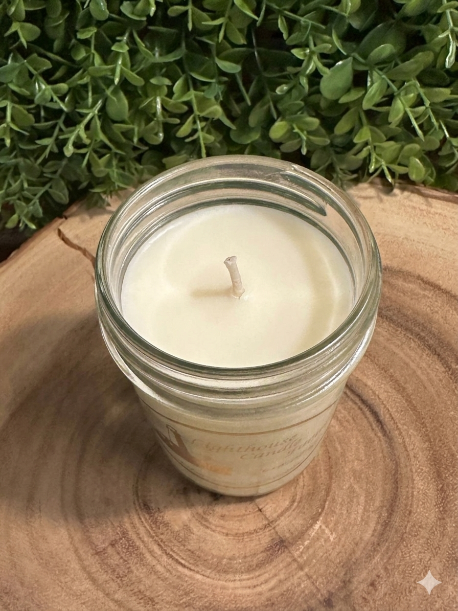 Amazing Grace Candle in an 8oz jelly jar candle with pearl white wax — top view
