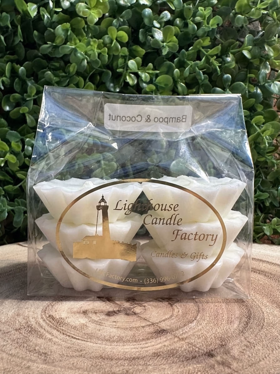 Bamboo and Coconut Wax Tarts made with white wax in a clear bag with a gold oval label