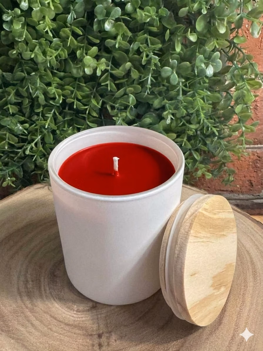 black_cherry_obg_white_12oz_modern_ceramic_tumbler Black Cherry Scented Candle in a white ceramic vessel with red wax — front view
