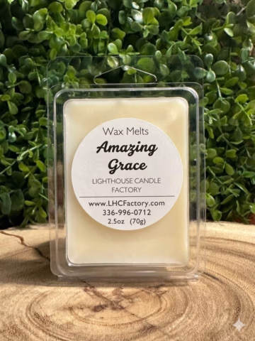 Amazing Grace Wax Melts in a clear clamshell tray with pearl white wax