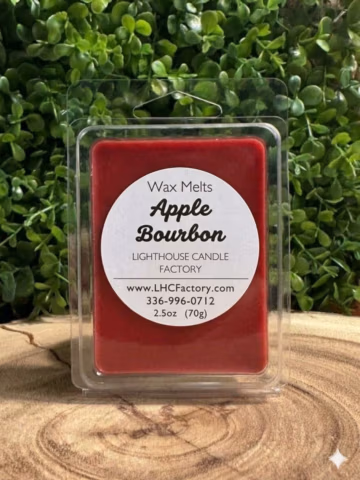 Apple Bourbon Wax Melts with Chili Red wax in a clear clamshell package