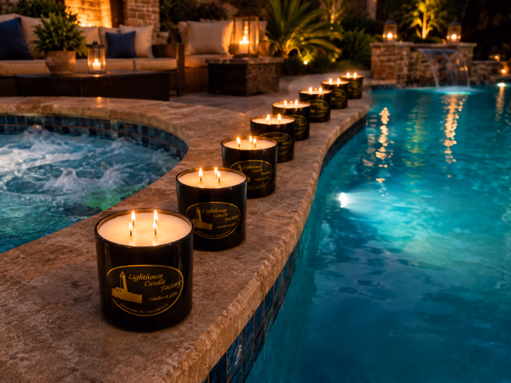Luxury black three-wick candles glowing beside a swimming pool and hot tub at night