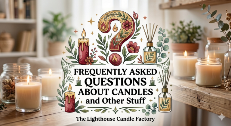 Frequently asked questions about candles digital illustration banner for "The Lighthouse Candle Factory" featuring a large decorative question mark surrounded by illustrated candles, flowers, and reed diffusers. The text reads Frequently Asked Questions About Candles. rendered in black font on a warm, cozy background of lit jar candles on wooden shelves.