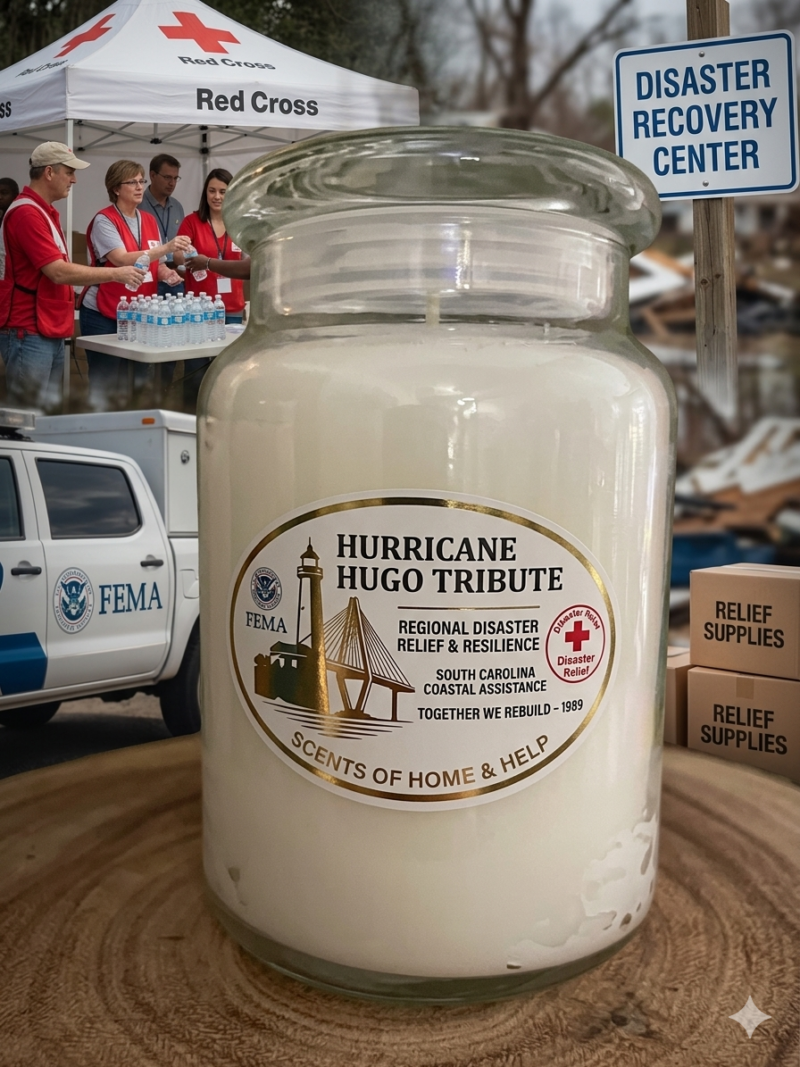 White jar candle featuring a Hurricane Hugo disaster relief tribute label, surrounded by emergency aid backgrounds to highlight disaster relief candles.