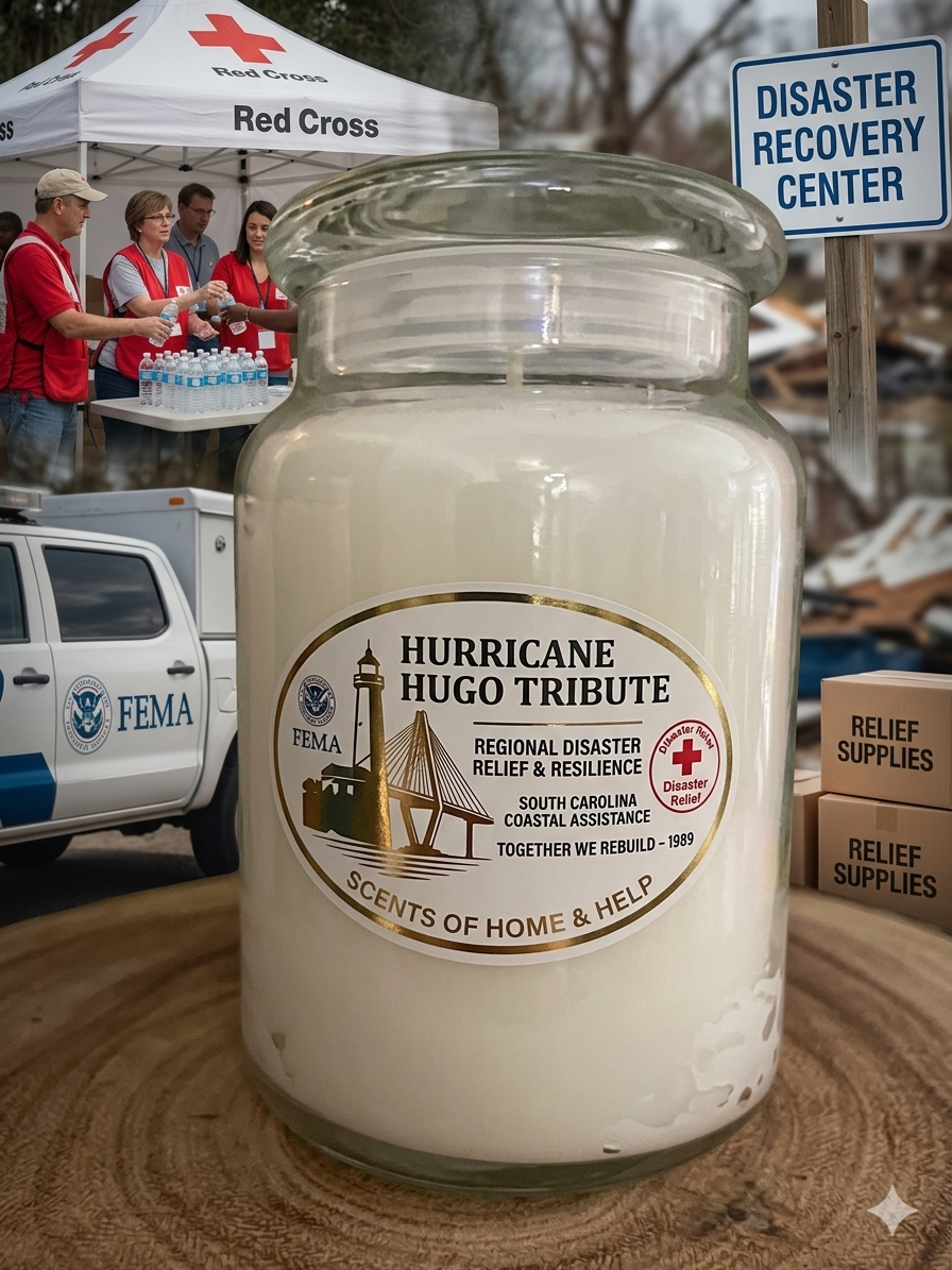 White jar candle featuring a Hurricane Hugo disaster relief tribute label, surrounded by emergency aid backgrounds to highlight disaster relief candles.