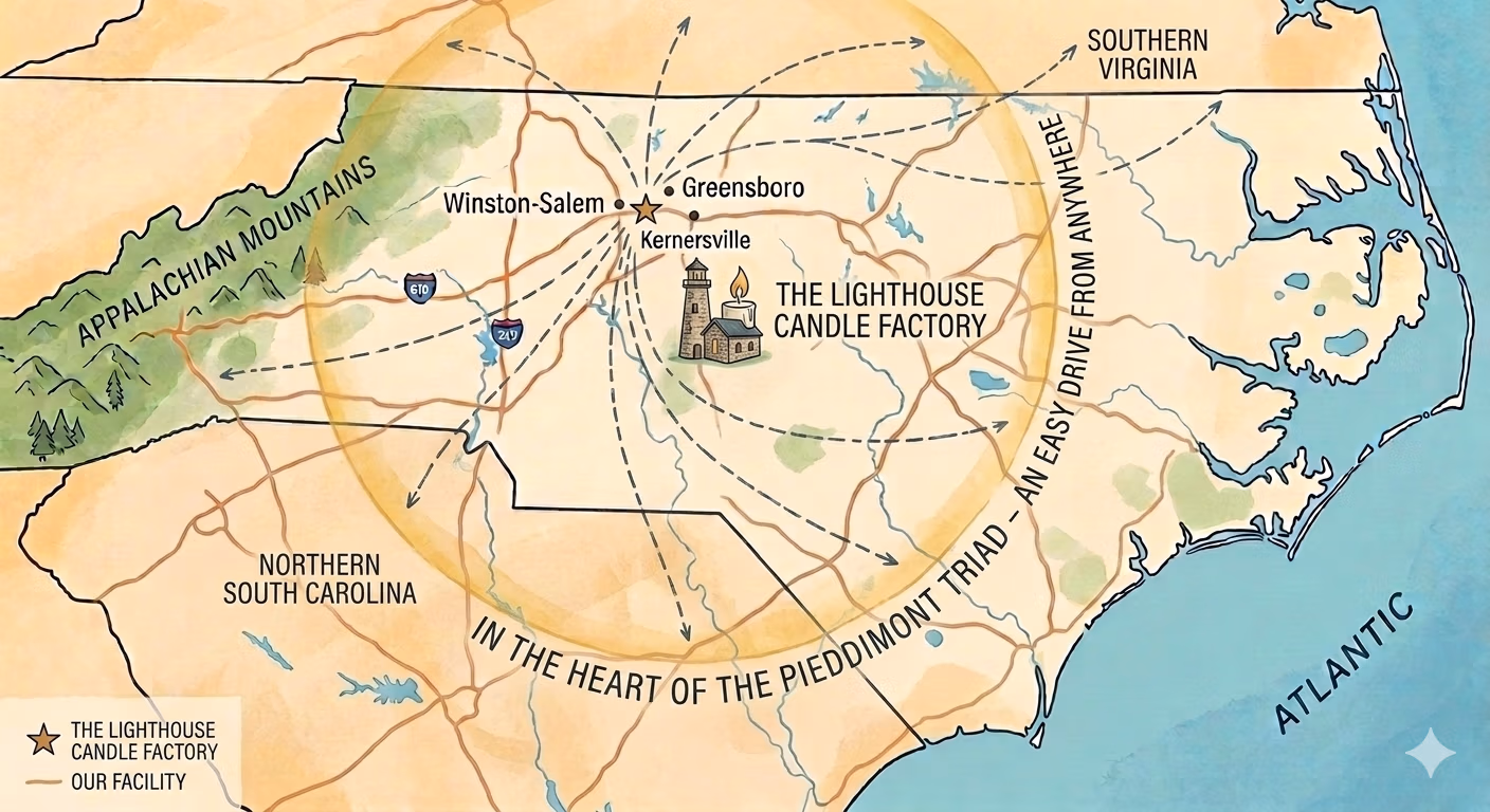 An illustrated map of North Carolina highlighting The Lighthouse Candle Factory in Kernersville, labeled as the "Heart of the Piedmont Triad," with arrows showing easy driving routes from Southern Virginia and Northern South Carolina.