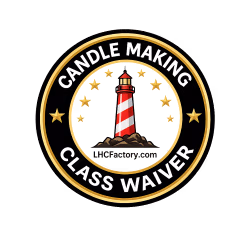 The Lighthouse Candle Factory Candle Making Class Waiver badge featuring a black and gold trust seal with a lighthouse logo.