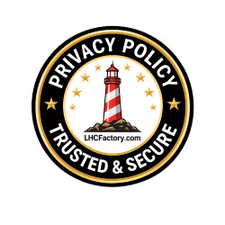 The Lighthouse Candle Factory Privacy Policy badge featuring a black and gold trust seal with a lighthouse logo and the URL LHCFactory.com.