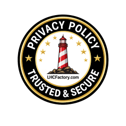 The Lighthouse Candle Factory Privacy Policy badge featuring a black and gold trust seal with a lighthouse logo and the URL LHCFactory.com.