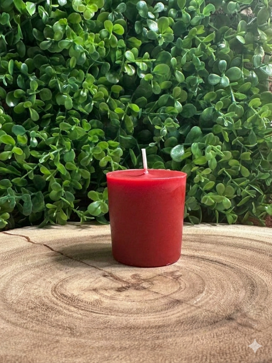 Apple Bourbon Candle in a votive candle with chili red wax — front view