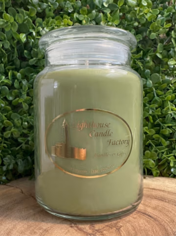 Front view of bayberry scented candle with clear lid on and gold label against leafy greenery