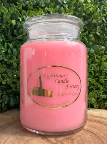 Berry Margarita Candle with Flamingo Pink wax and a clear lid, front view against green foliage.
