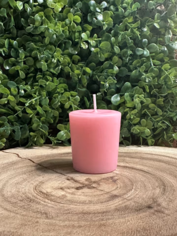 Unlit Berry Margarita Candle votive on a wood slice against green foliage, with an upright wick and pink wax.