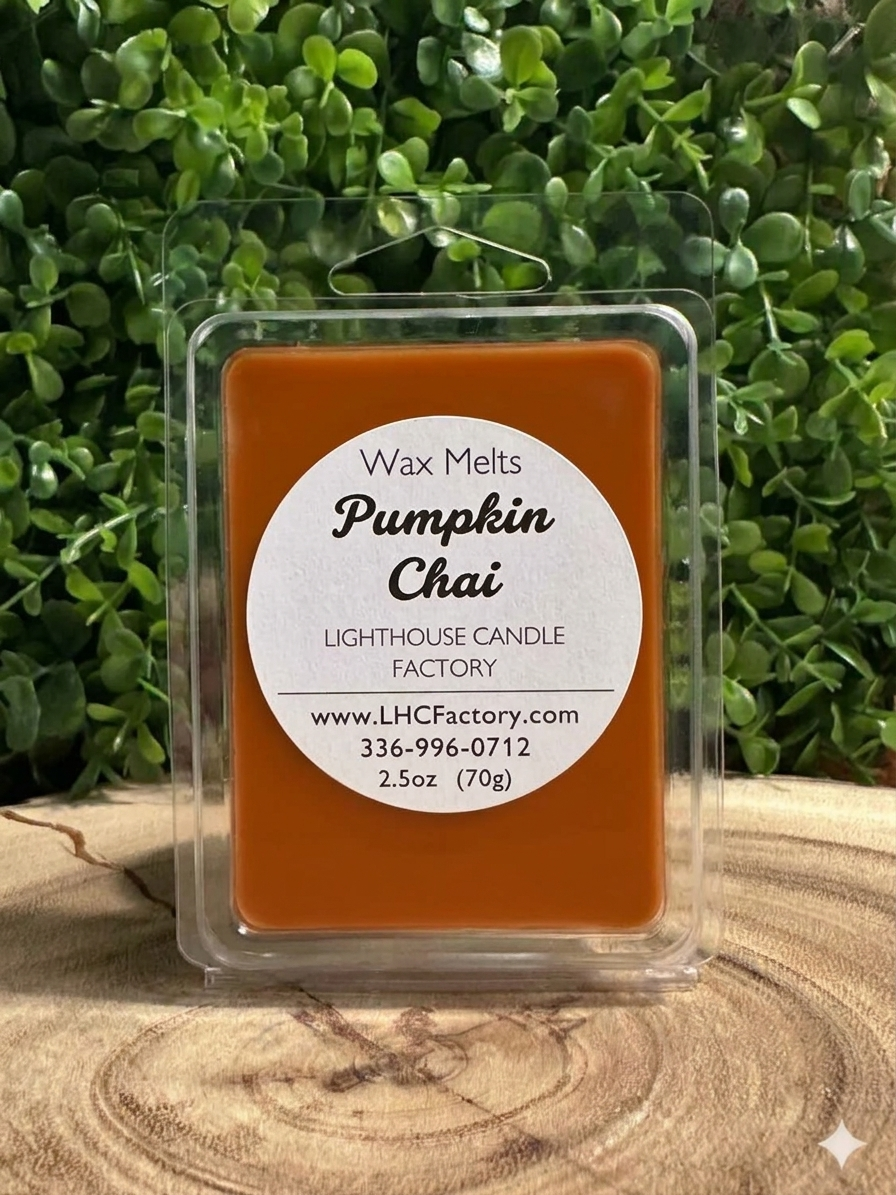 Pumpkin Chai Wax Melts as wax melts with burnt orange wax — front view