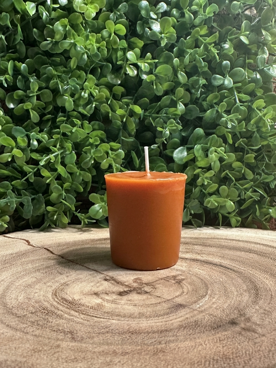 Unlit Pumpkin Chai Candle votive with an upright wick on a wood slice against green foliage.