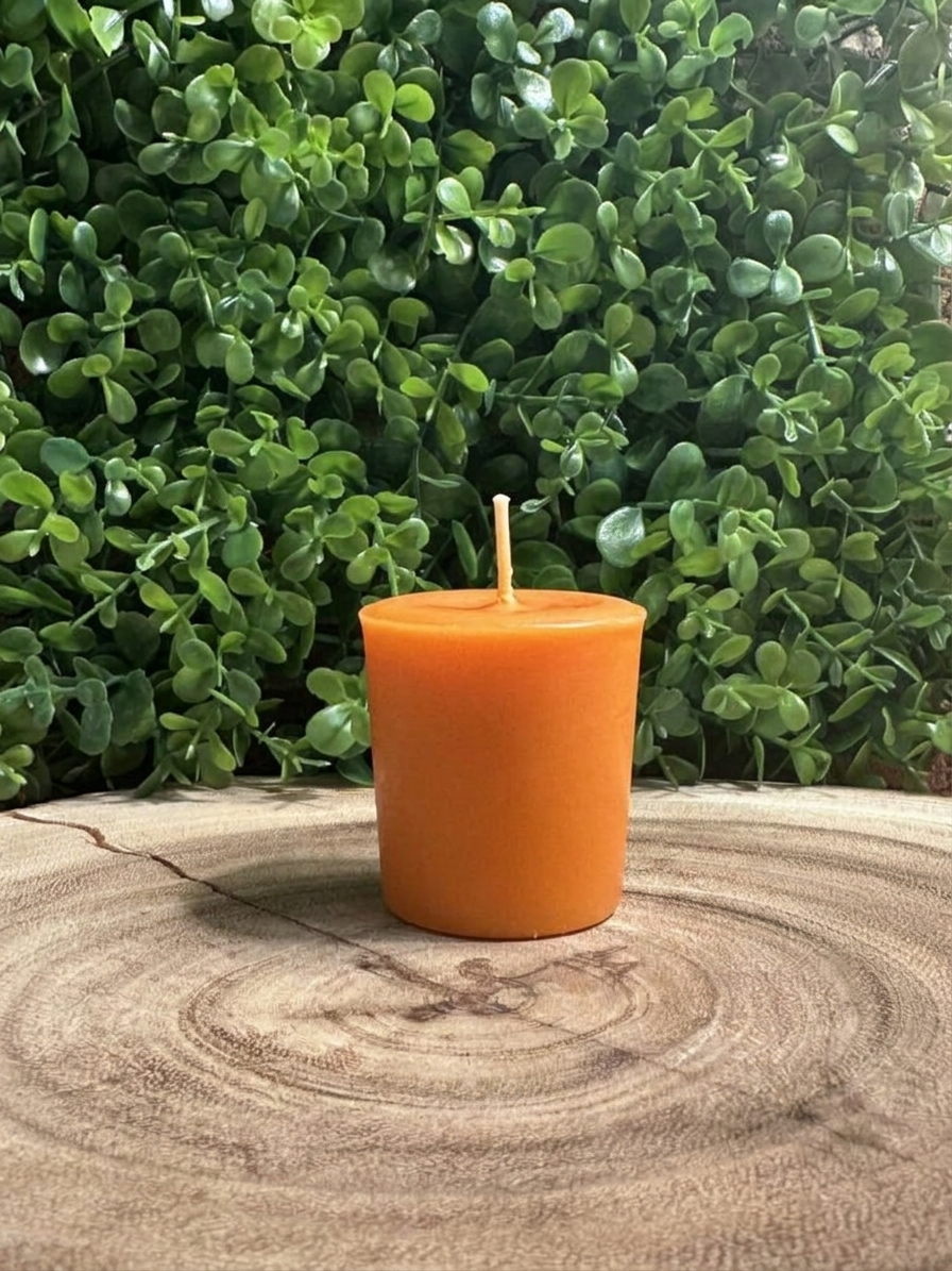 pumpkin pie scented candle in a votive candle with pumpkin orange wax — front view