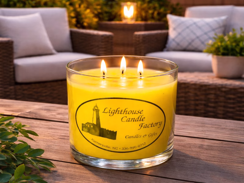 A lit 20 oz Lemongrass 3-wick candle by The Lighthouse Candle Factory on a wooden table in a cozy outdoor patio setting. Scented Candle Blog.